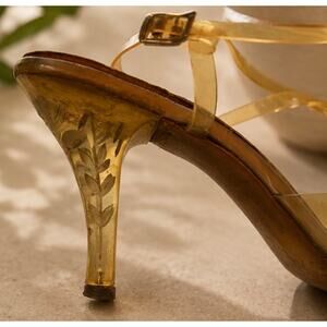 Vintage 1950s Mary Jane Originals Lucite Rhinestone Heels Clear Amber T-Strap